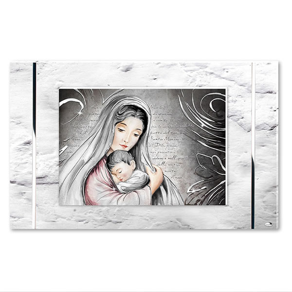 Quadro Madonna Con Bambino Valenti 18130 realizzato su tavola bianca con decori argentati. Dimension: 80x50 cm