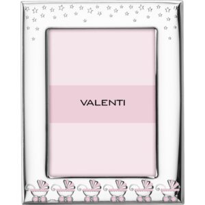 Cornice Argento Valenti 73128 4LRA in laminato argento 925 colore rosa con carrozzine Retro in legno rosa. Dimensione 13x18 cm.