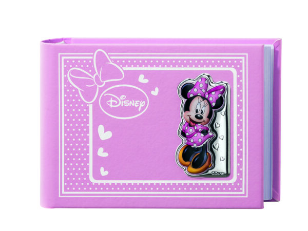 Album Portafoto Minnie Valenti D301 1RA colore rosa per bambina in pelle con placca in argento a tema Minnie Disney. Dimensioni 15x20 cm.