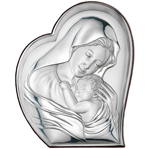 Icona Sacra Madonna Valenti 81051 1L realizzata in argento 925 e retro in legno marrone. Possibilità sia di appenderlo che poggiarlo. Dimensioni: 8,8 × 10,7 cm