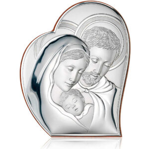 Icona Sacra Madonna Valenti 81050 1L realizzata in argento 925 e retro in legno marrone. Possibilità sia di appenderlo che poggiarlo. Dimensioni: 8,8 × 10,7 cm