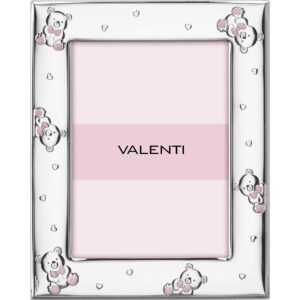 Cornice Argento Valenti 73126 4LRA in laminato argento 925 colore rosa con orsetti e cuoricini. Retro in legno rosa. Dimensione 13x18 cm.